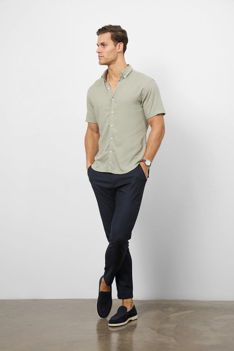 Stretch Linen Blend Button Through Shirt in Soft Sage S