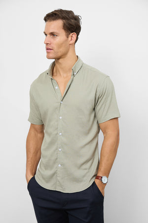 Linen Blend Button Through Shirt in Soft Sage - TAILORED ATHLETE - USA