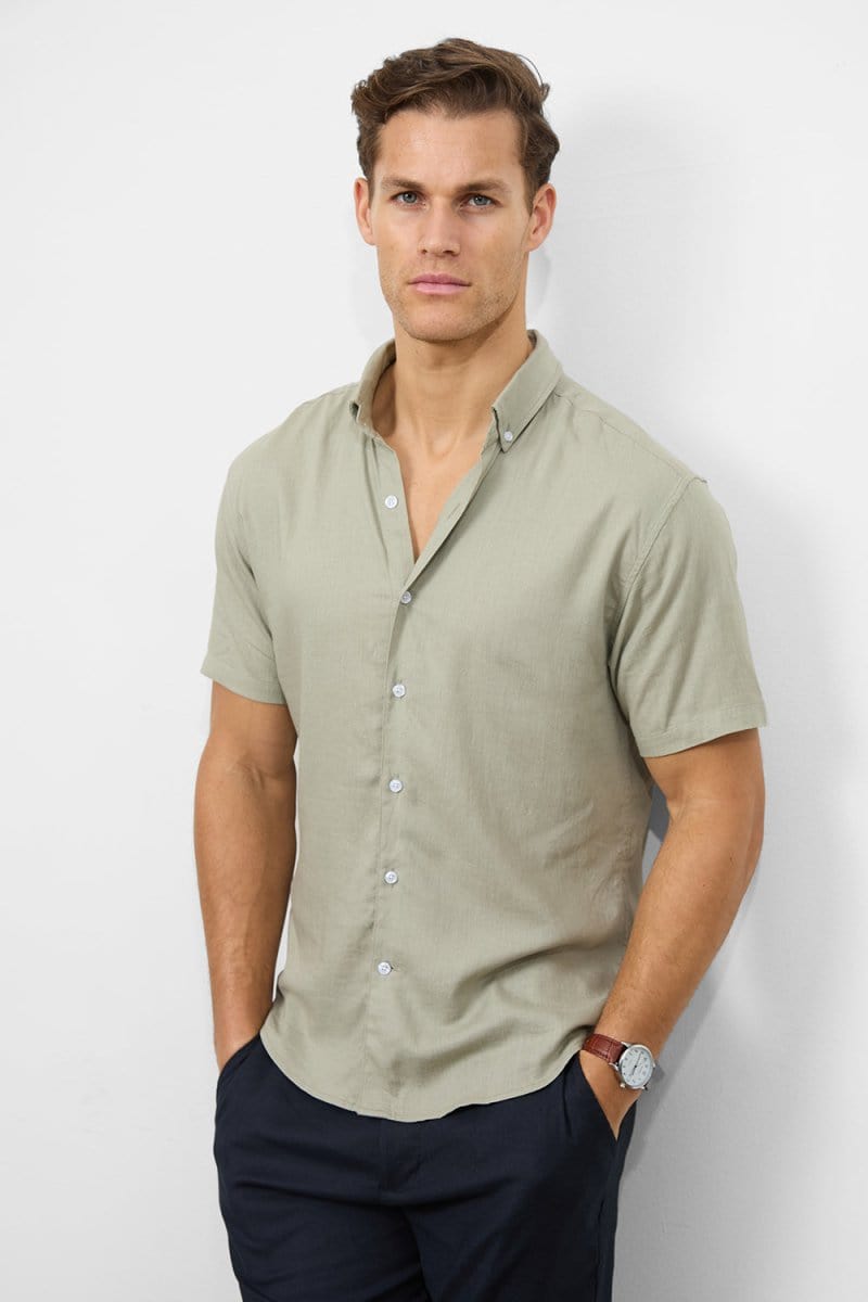 Stretch Linen Blend Button Through Shirt in Soft Sage Stretch Linen Blend Button Through Shirt in Soft Sage