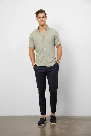 Linen Blend Button Through Shirt in Soft Sage - TAILORED ATHLETE - USA