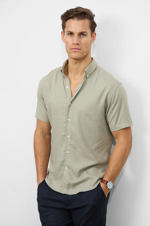 Linen Blend Button Through Shirt in Soft Sage - TAILORED ATHLETE - USA