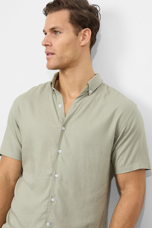 Linen Blend Button Through Shirt in Soft Sage - TAILORED ATHLETE - USA