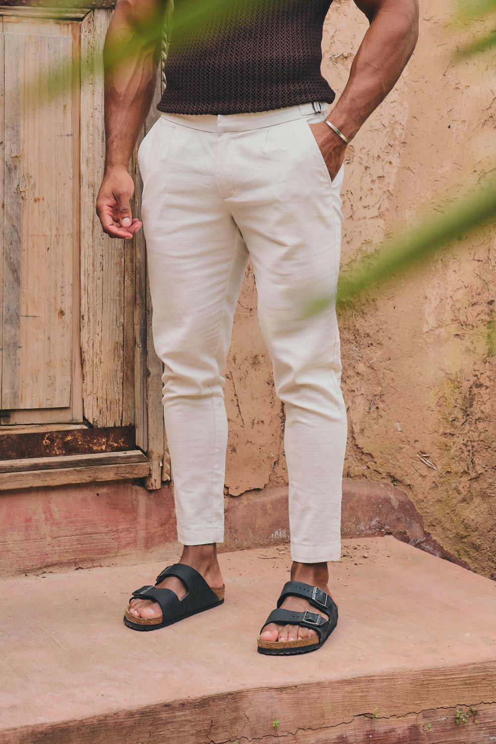 Stretch Linen Blend Cropped Pleated Pants in Chalk - TAILORED ATHLETE - USA