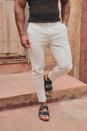 Stretch Linen Blend Cropped Pleated Pants in Chalk - TAILORED ATHLETE - USA