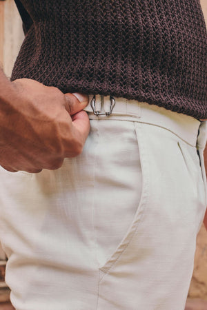 Stretch Linen Blend Cropped Pleated Pants in Chalk - TAILORED ATHLETE - USA