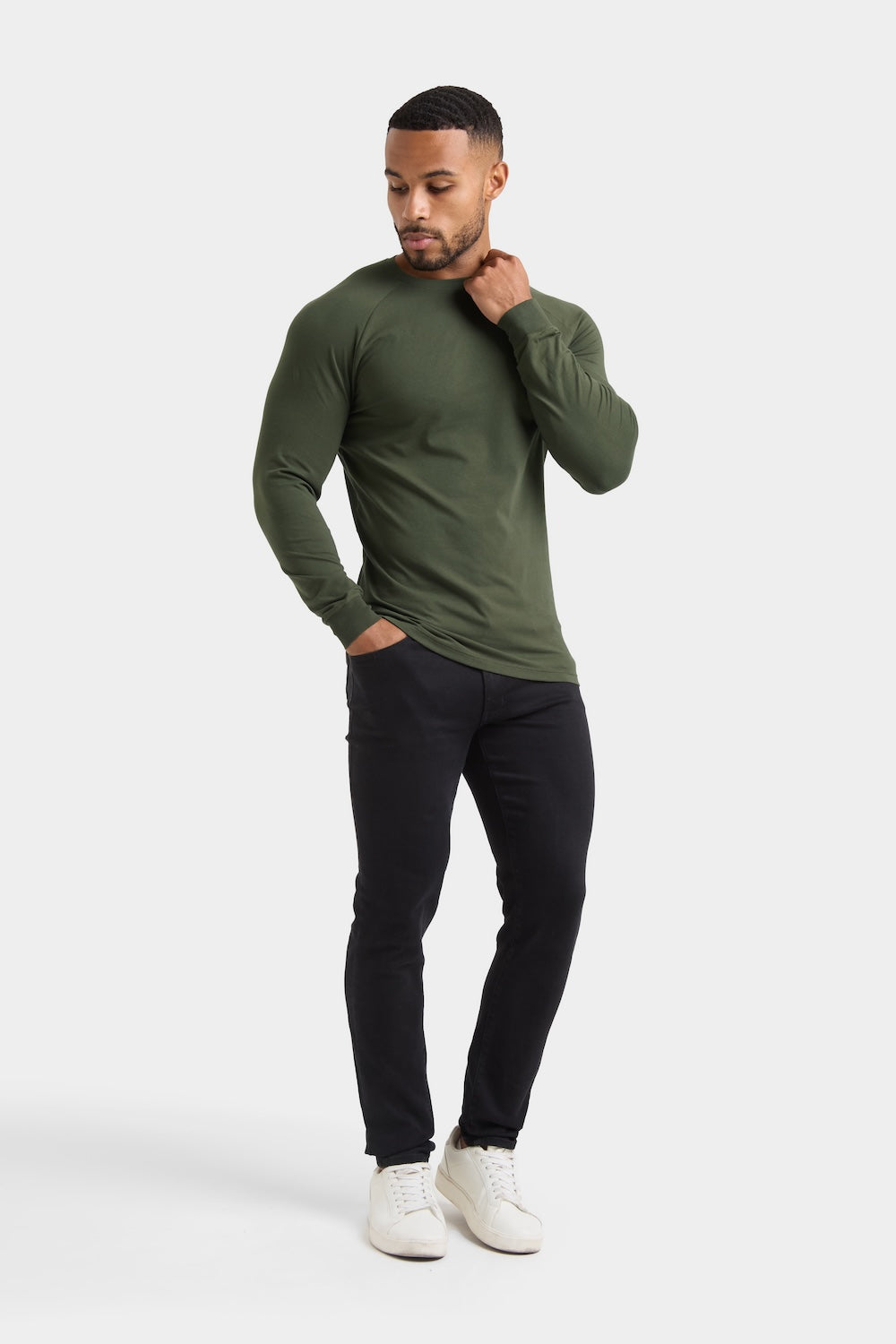 Athletic Fit 3 Pack Long Sleeve T-Shirt in Black, Navy & Khaki