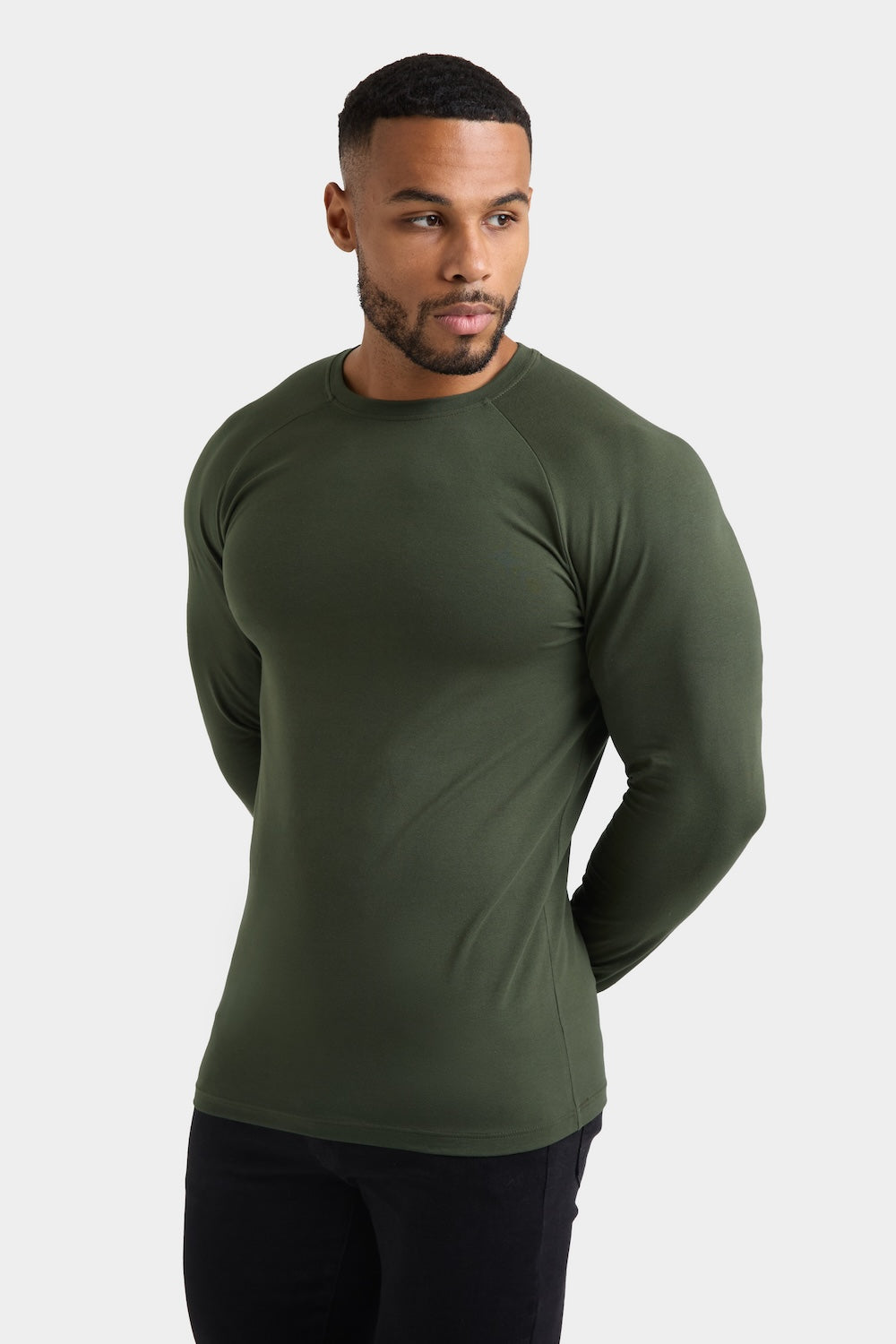 Athletic Fit 3 Pack Long Sleeve T-Shirt in Black, Navy & Khaki