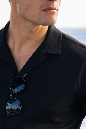 Linen Blend Cuban Collar Shirt in Black - TAILORED ATHLETE - USA