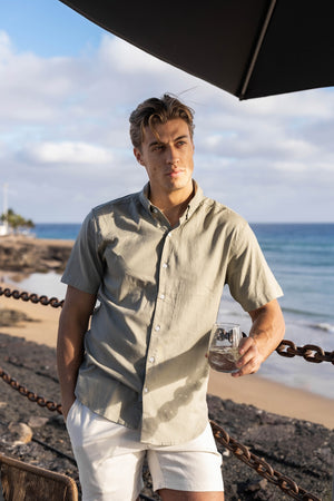 Linen Blend Button Through Shirt in Soft Sage - TAILORED ATHLETE - USA