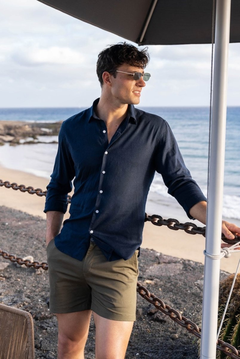 Linen Blend Button Through Shirt in Navy - TAILORED ATHLETE - USA
