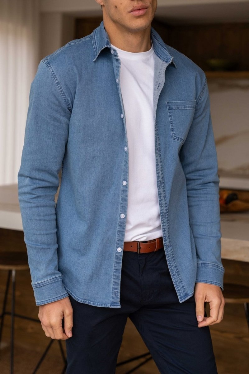 denim blue dress shirt Brooklyn Industries Men's North Denim Shirt in Bleached Denim XL