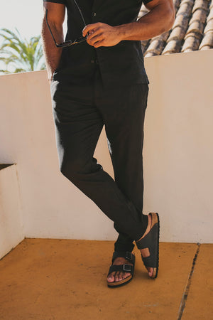 Stretch Linen Blend Single Pleated Pants in Black - TAILORED ATHLETE - USA
