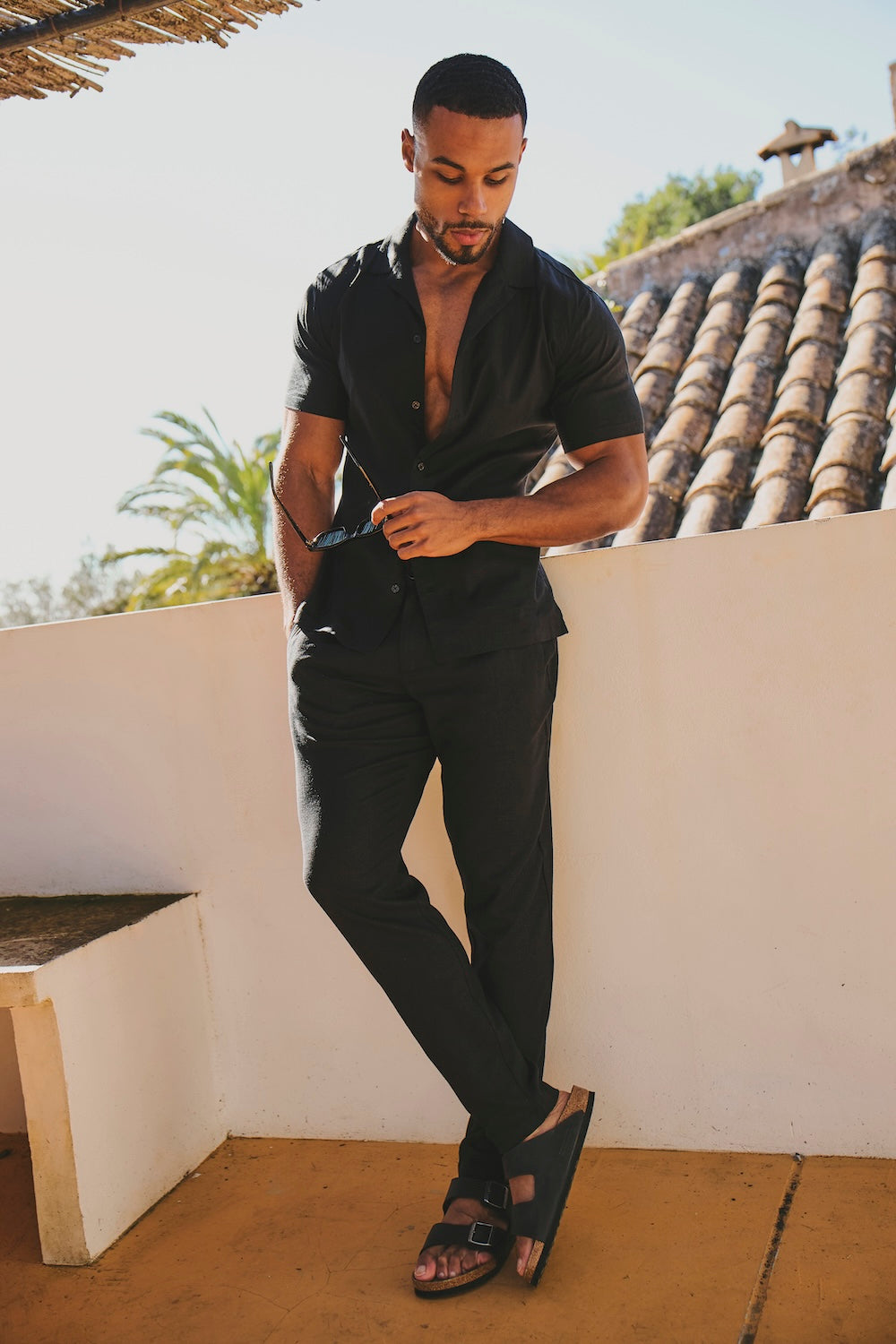 Stretch Linen Blend Single Pleated Pants in Black - TAILORED ATHLETE - USA