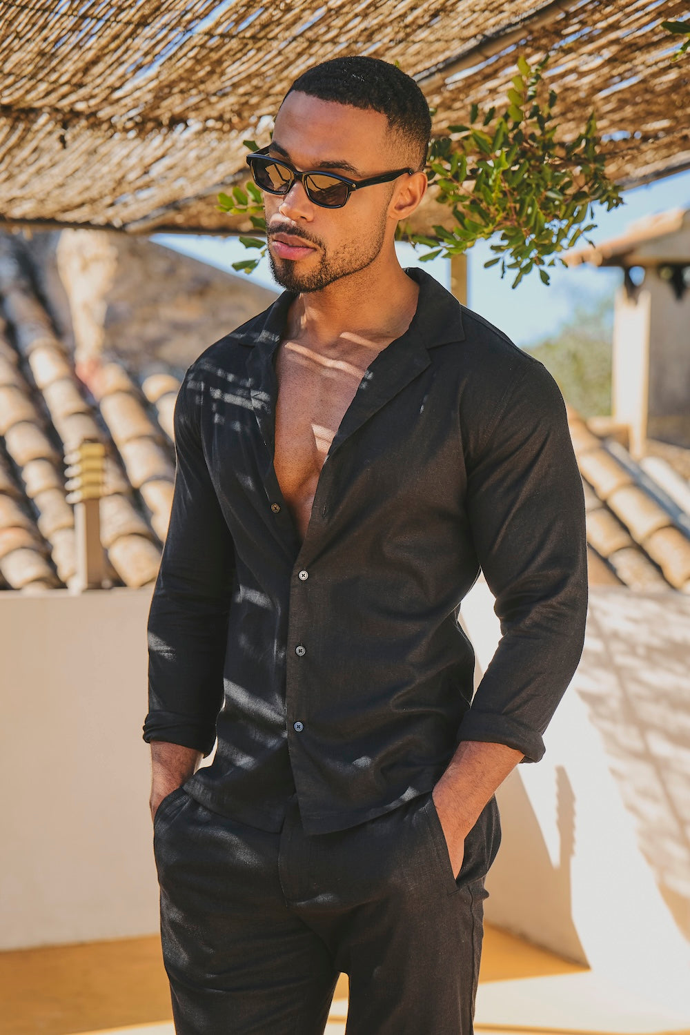 Stretch Linen Blend Cuban Collar Shirt in Black - TAILORED ATHLETE - USA