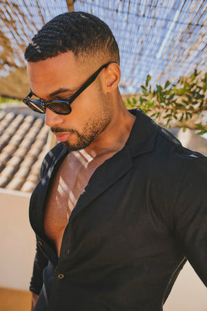Stretch Linen Blend Cuban Collar Shirt in Black - TAILORED ATHLETE - USA