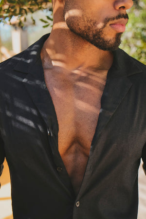 Stretch Linen Blend Cuban Collar Shirt in Black - TAILORED ATHLETE - USA