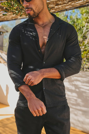 Stretch Linen Blend Cuban Collar Shirt in Black - TAILORED ATHLETE - USA