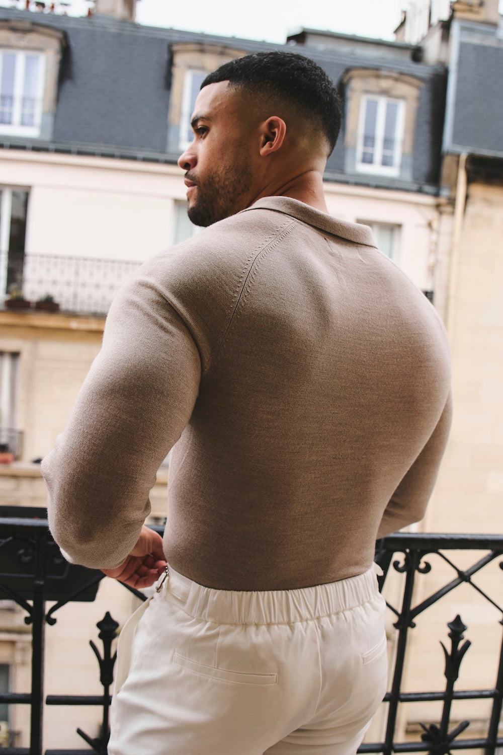 Extra Fine Merino Wool Open Collar Polo Shirt in Wheat Marl - TAILORED ATHLETE - USA