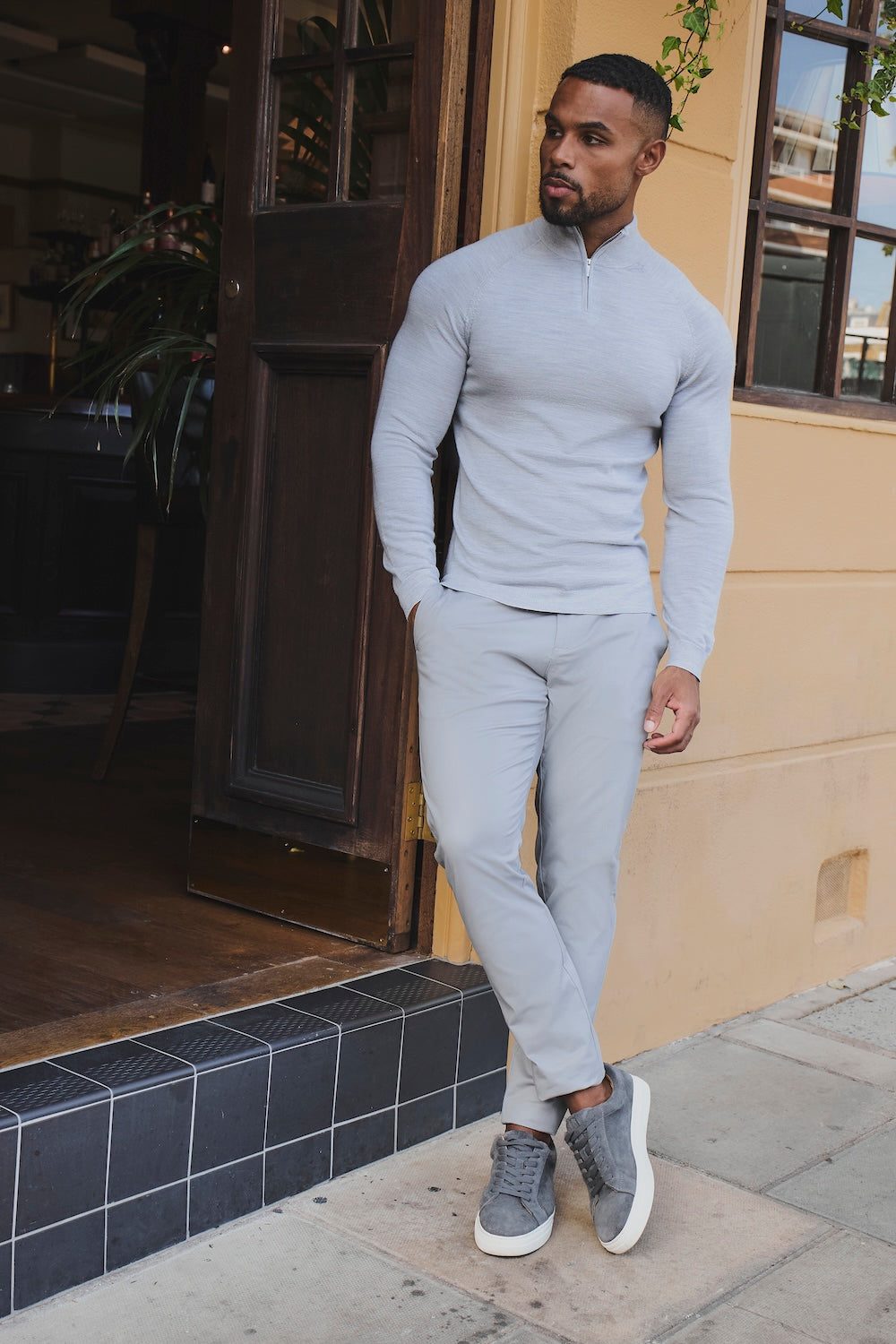 Extra Fine Merino Wool Half Zip Neck Sweater in Silver Grey Marl
