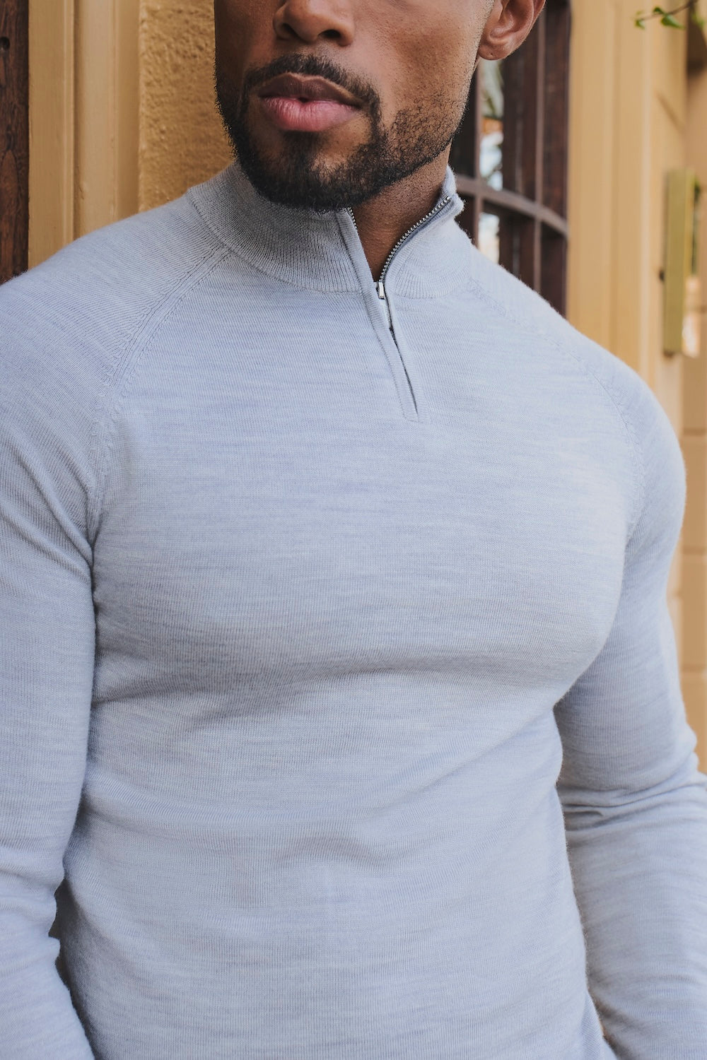 Extra Fine Merino Wool Half Zip Neck Sweater in Silver Grey Marl