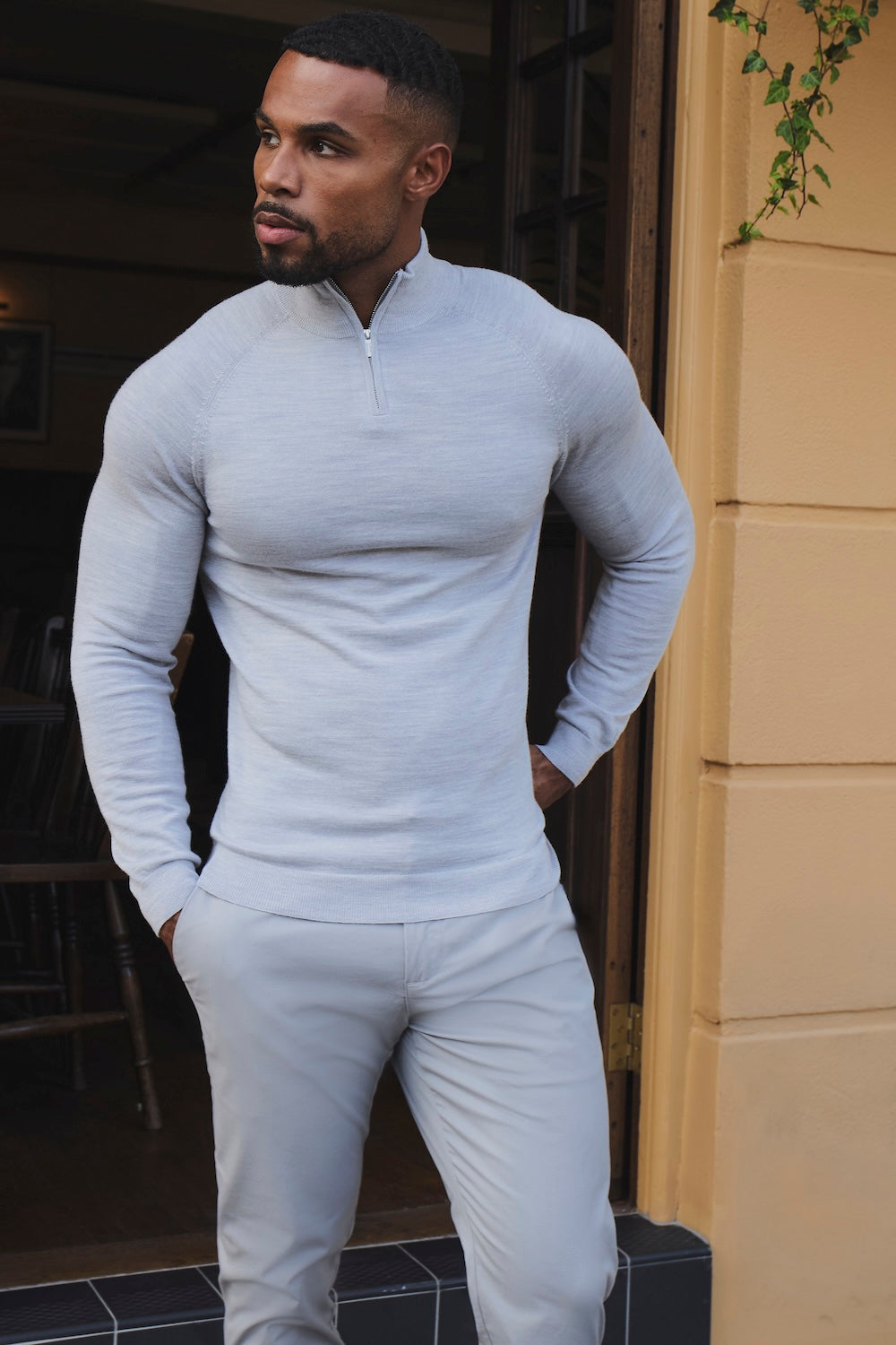 Extra Fine Merino Wool Half Zip Neck Sweater in Silver Grey Marl