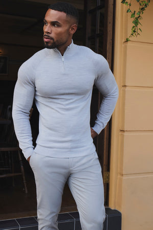 Extra Fine Merino Wool Half Zip Neck Sweater in Silver Grey Marl