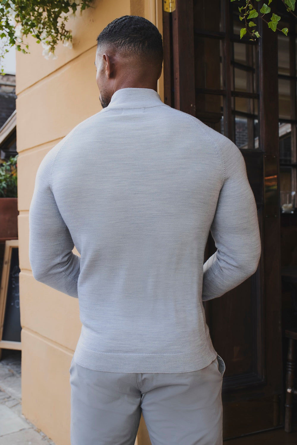 Extra Fine Merino Wool Half Zip Neck Sweater in Silver Grey Marl