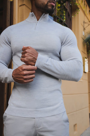 Extra Fine Merino Wool Half Zip Neck Sweater in Silver Grey Marl
