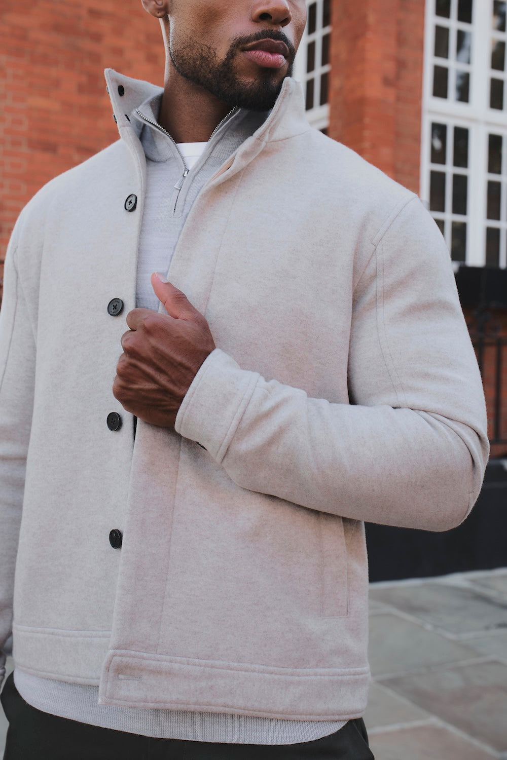 Funnel Neck Short Jacket in Stone