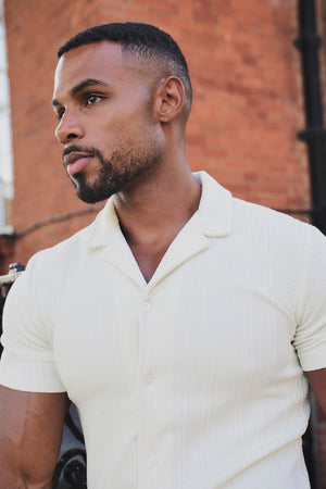 Stripe Patterned Cuban Collar Shirt in Ecru