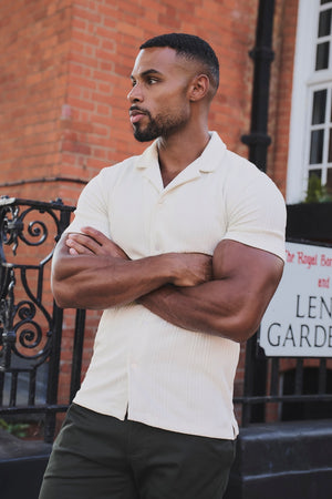 Stripe Patterned Cuban Collar Shirt in Ecru