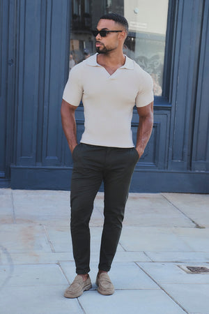 Textured Knitted Open Collar Polo Shirt in Alabaster