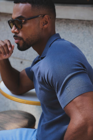 Open Collar Knitted Polo Shirt in Slate Blue