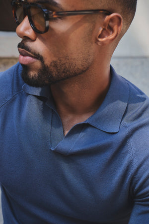 Open Collar Knitted Polo Shirt in Slate Blue