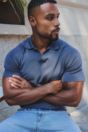 Open Collar Knitted Polo Shirt in Slate Blue