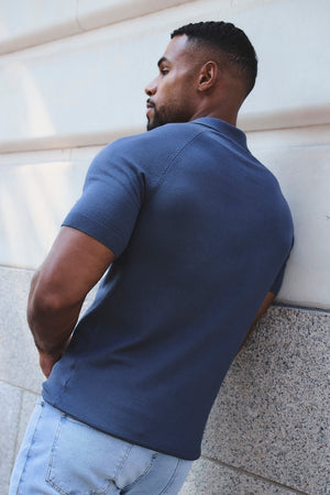 Open Collar Knitted Polo Shirt in Slate Blue