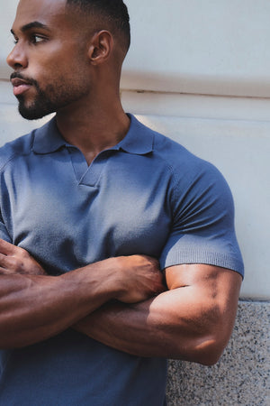 Open Collar Knitted Polo Shirt in Slate Blue