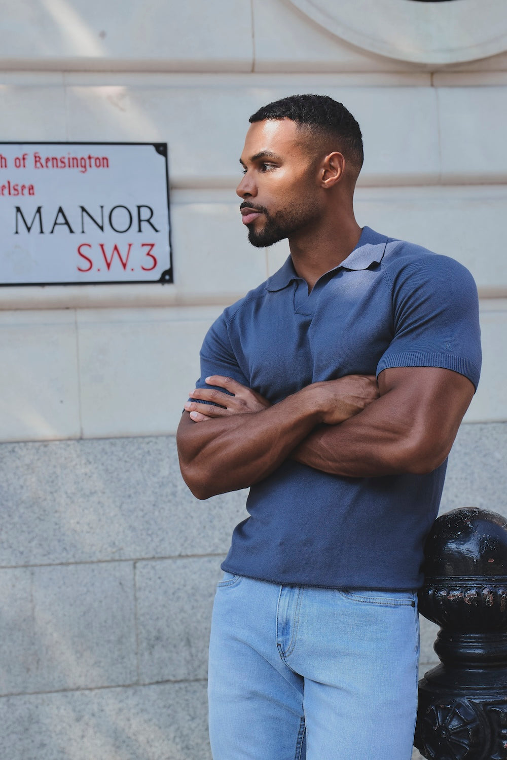 Open Collar Knitted Polo Shirt in Slate Blue