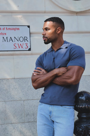 Open Collar Knitted Polo Shirt in Slate Blue