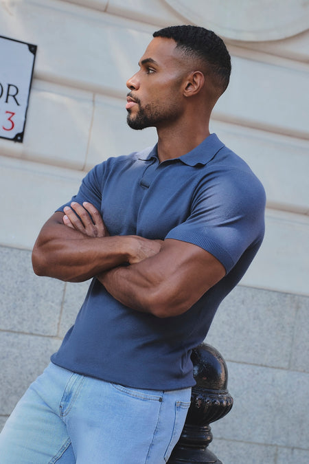 Open Collar Knitted Polo Shirt in Slate Blue