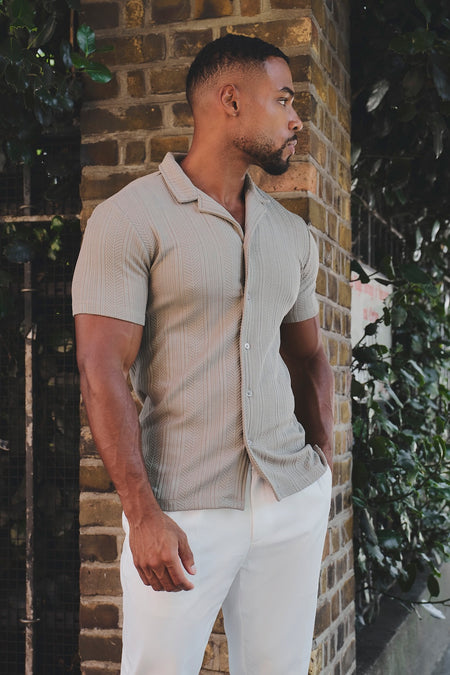 Stripe Patterned Cuban Collar Shirt in Dark Putty