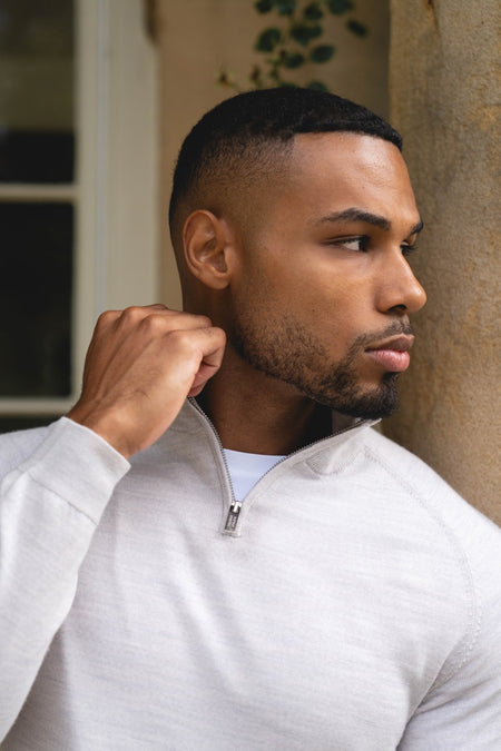Extra Fine Merino Wool Half Zip Neck Sweater in Silver Grey Marl