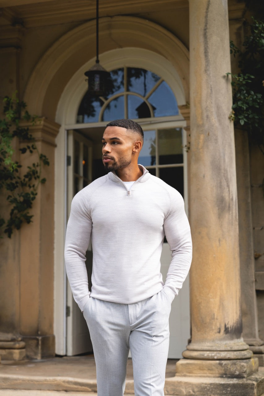 Extra Fine Merino Wool Half Zip Neck Sweater in Silver Grey Marl