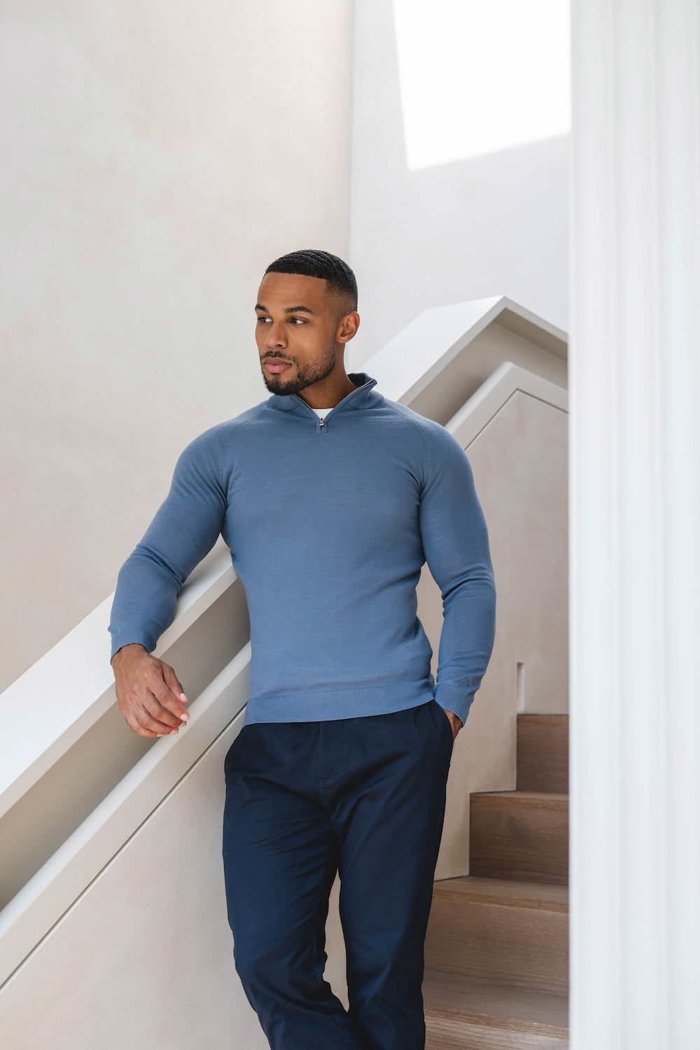 Extra Fine Merino Wool Half Zip Neck Sweater in Airforce Blue