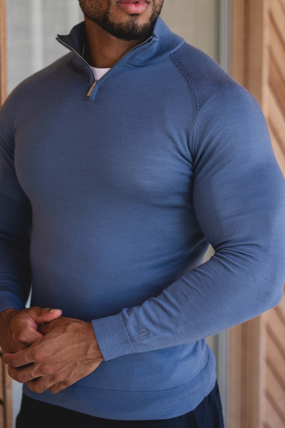 Extra Fine Merino Wool Half Zip Neck Sweater in Airforce Blue - TAILORED ATHLETE - USA