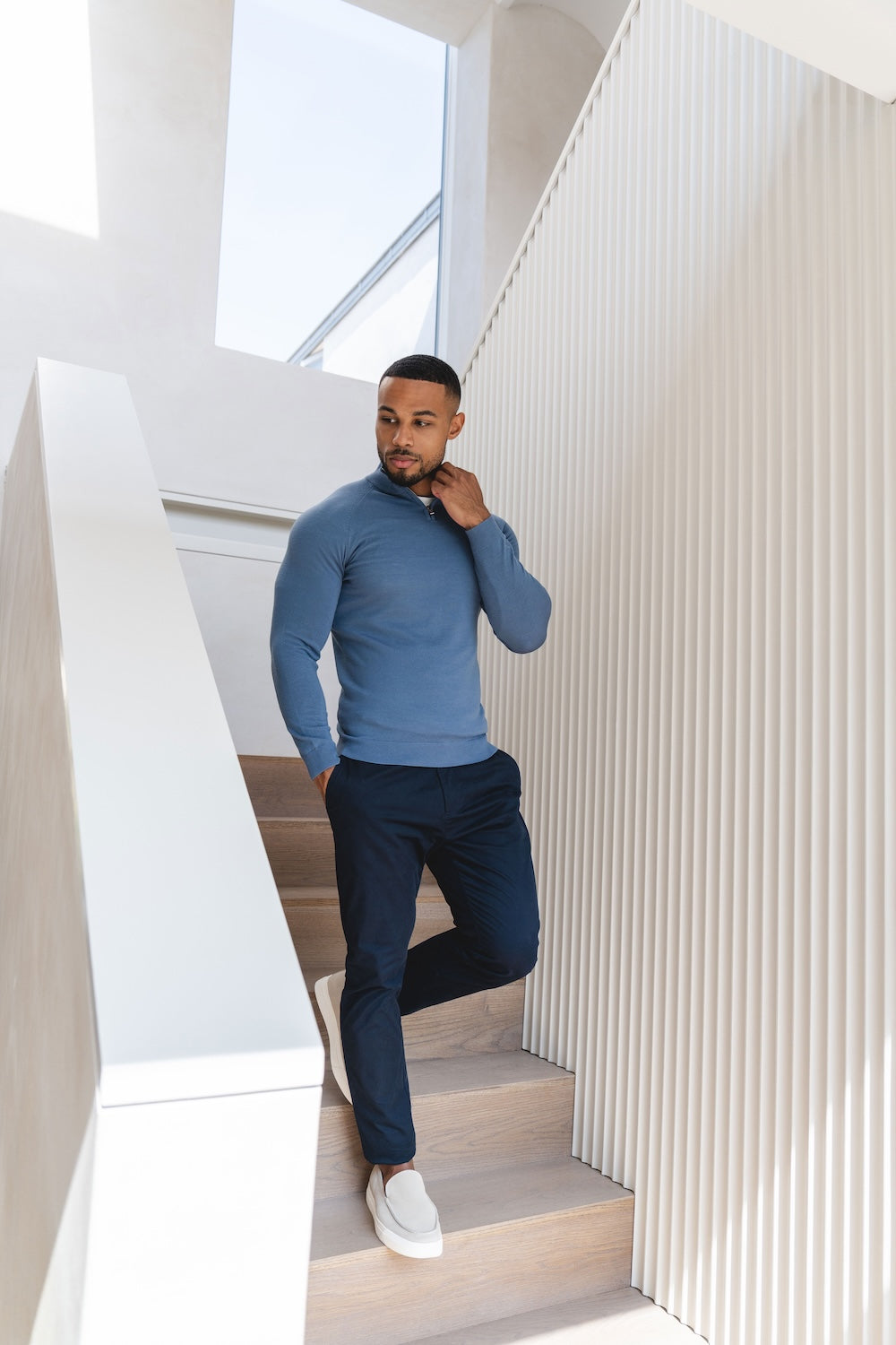 Extra Fine Merino Wool Half Zip Neck Sweater in Airforce Blue - TAILORED ATHLETE - USA