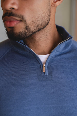 Extra Fine Merino Wool Half Zip Neck Sweater in Airforce Blue - TAILORED ATHLETE - USA
