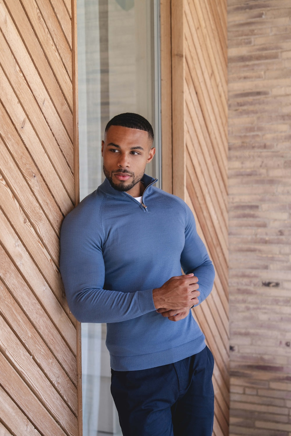 Extra Fine Merino Wool Half Zip Neck Sweater in Airforce Blue - TAILORED ATHLETE - USA
