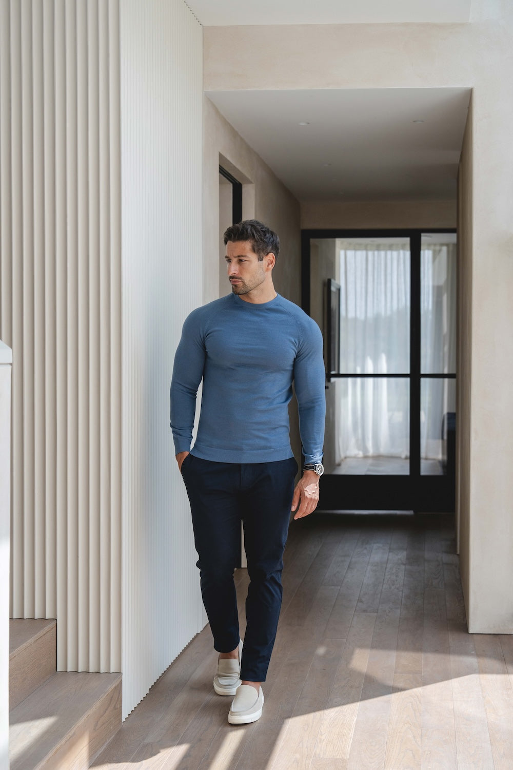Extra Fine Merino Wool Crew Neck Sweater in Airforce Blue - TAILORED ATHLETE - USA