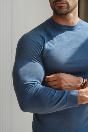 Extra Fine Merino Wool Crew Neck Sweater in Airforce Blue - TAILORED ATHLETE - USA
